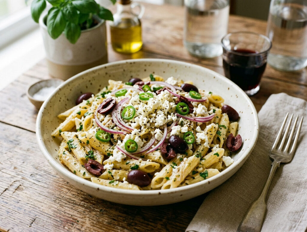 Lilahagymás fetás penne